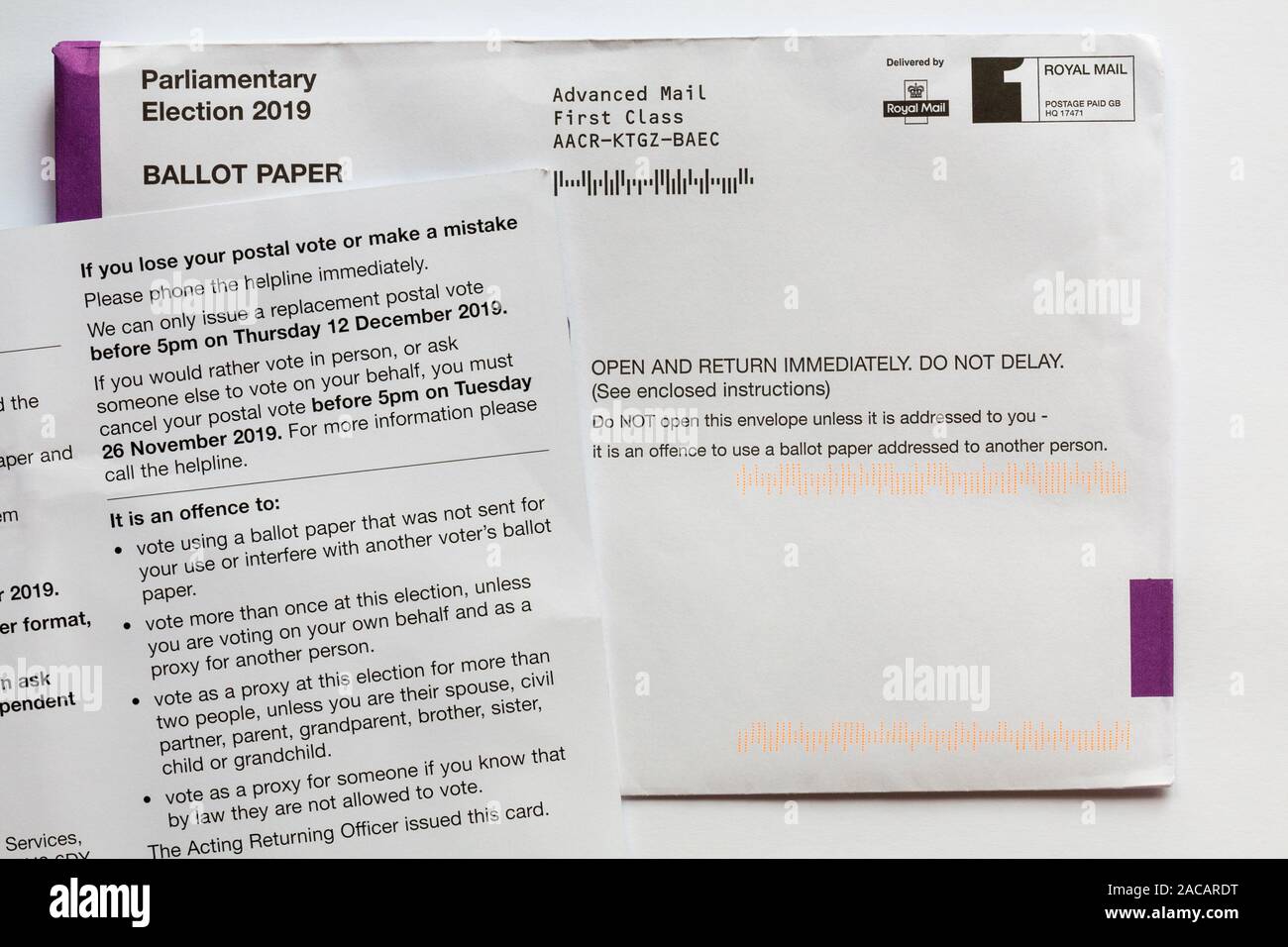 Parliamentary Election 2019 Ballot Paper and postal poll card for forthcoming general Election 2019 in UK Stock Photo