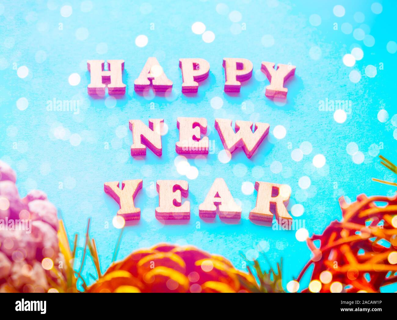 Happy New Year text with bokeh Stock Photo