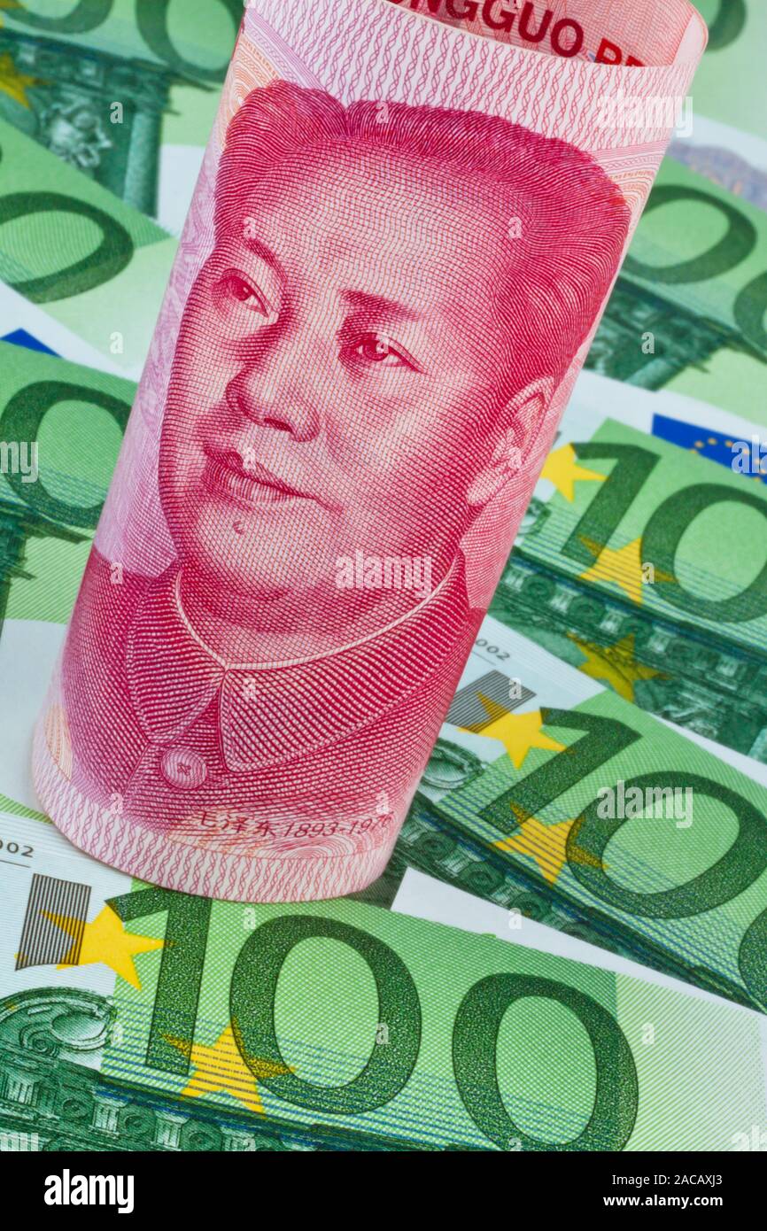 Yuan and euro banknotes Stock Photo