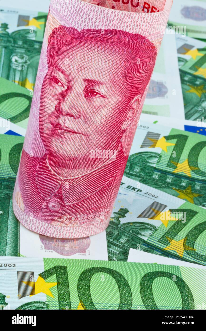 Yuan and euro banknotes Stock Photo