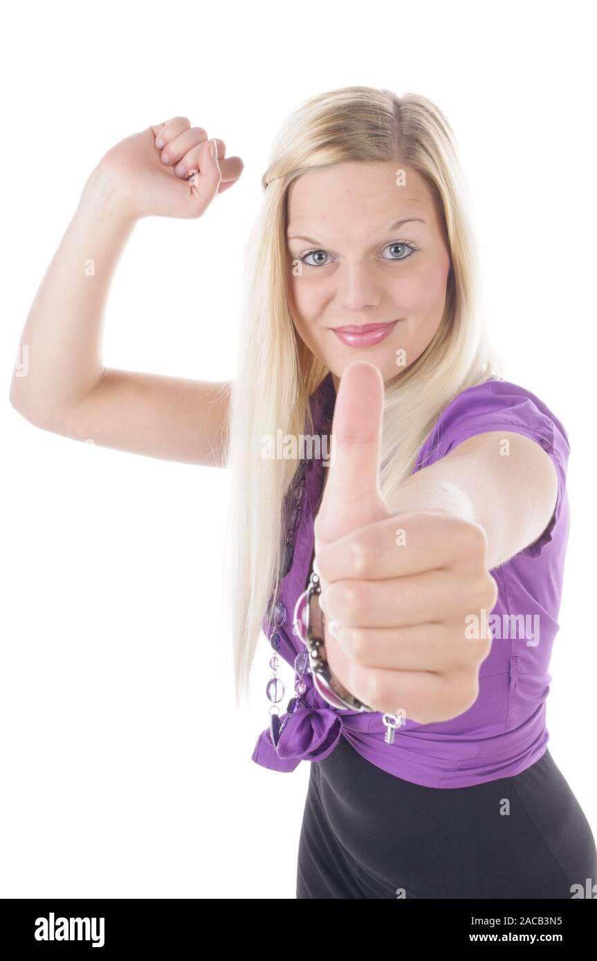 Blonde Woman Thumbs Up Ok Hand High Resolution Stock Photography and ...