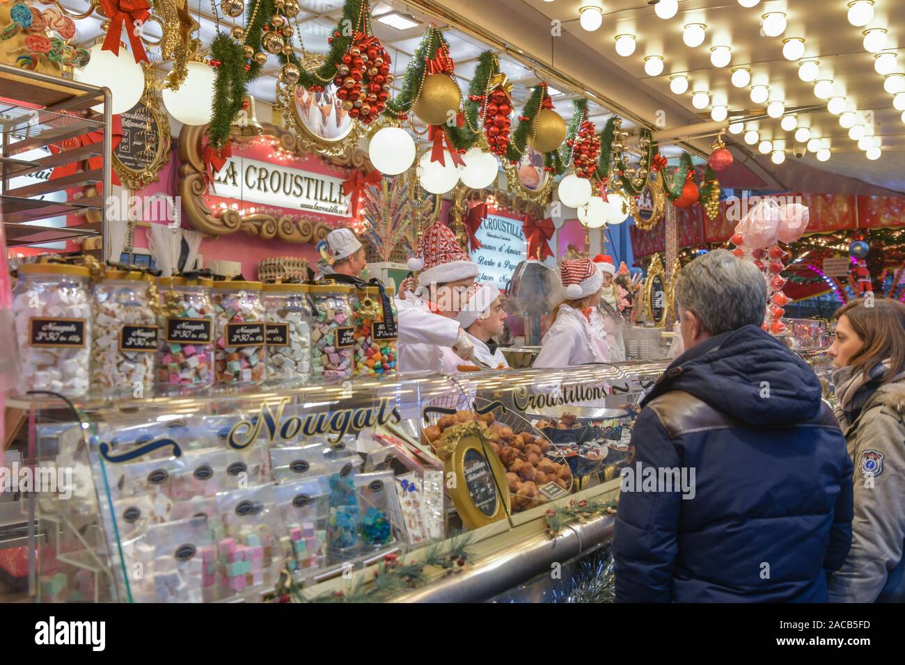 ROUEN, FRANCE - DECEMBER 16, 2018: Christmas decorated Kiosk with sweets at the Fair in Europe Stock Photo