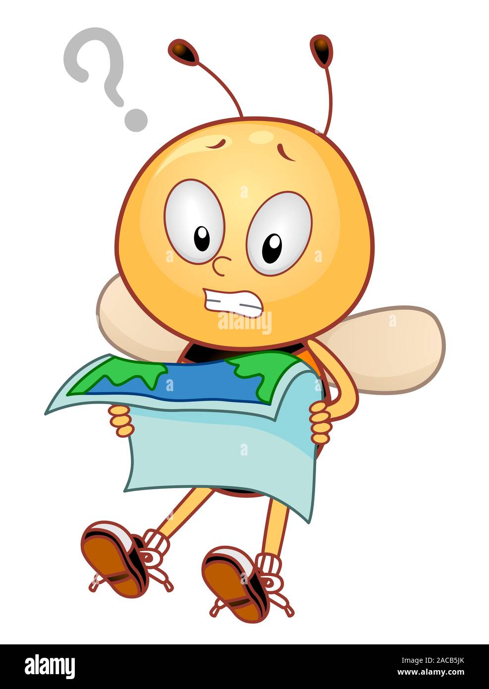 Illustration of a Bee Mascot Holding a Map and Looking Lost Stock Photo