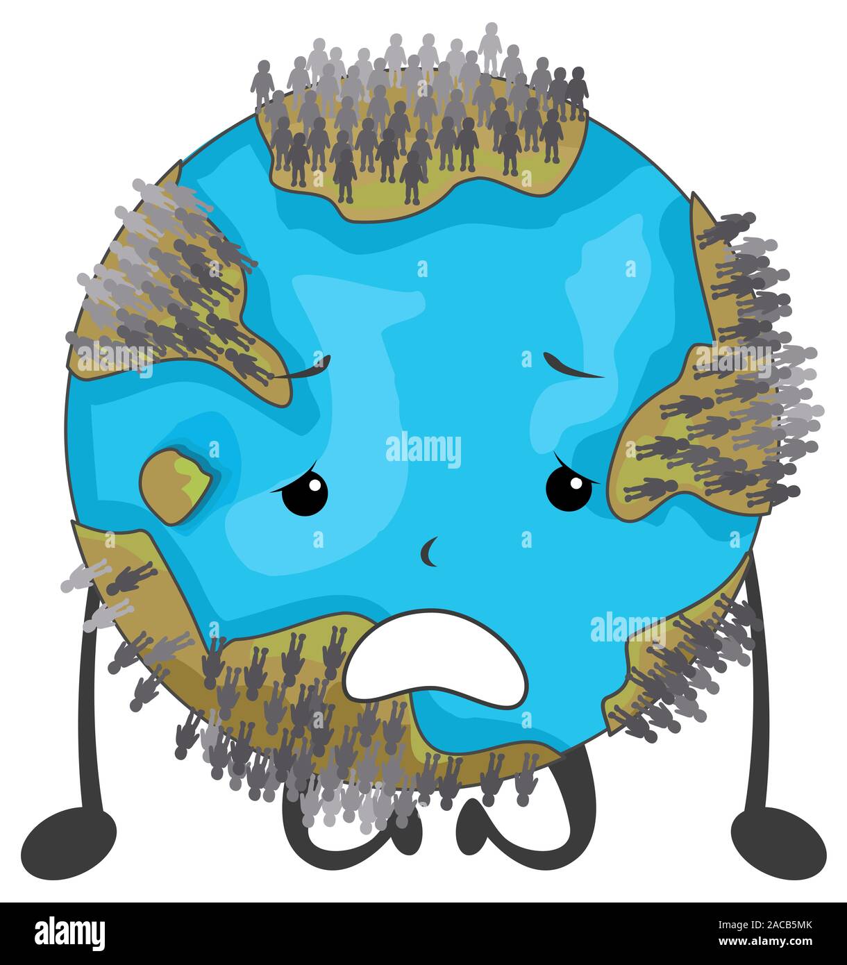 Illustration of a Sad Earth Mascot Full of People. Over Population Stock Photo