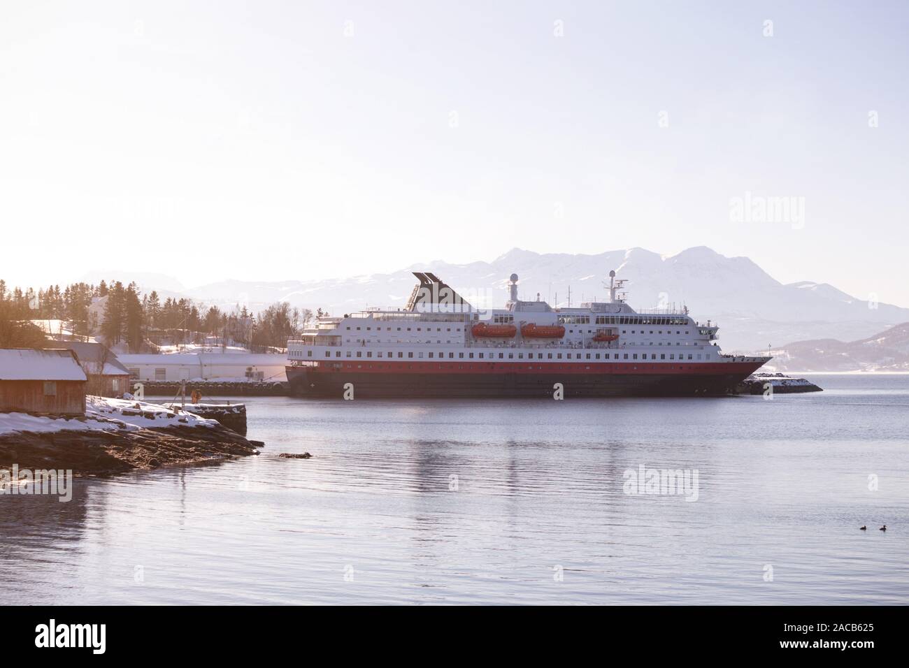 cruise service vessel and mountains on the background. Norway. Stock Photo