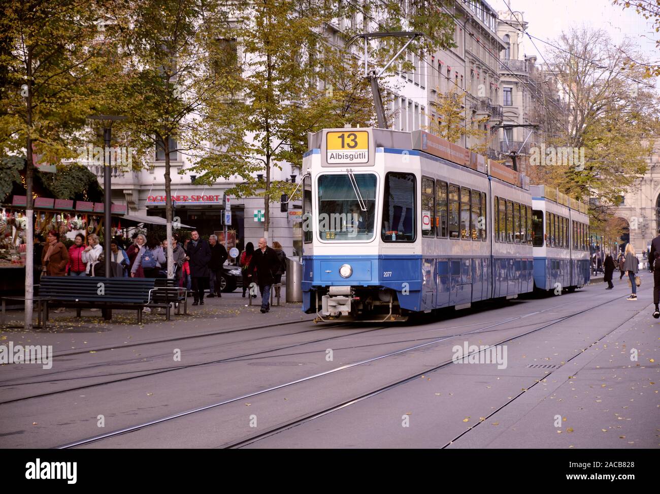 Tram 13 pulling out of a stop  in centre of Zurich, Switzerland. Stock Photo