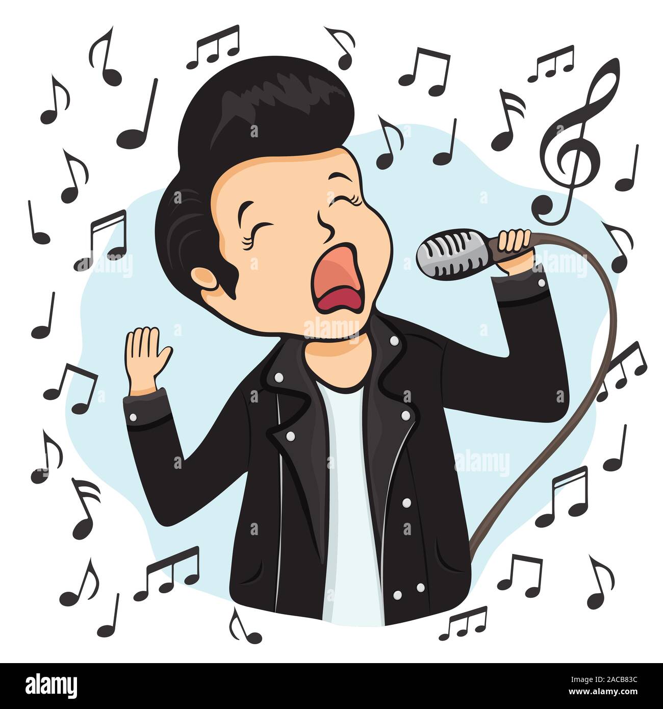 Guy sing into the microphone, cartoon character, hand drawing sticker. Boy  in black leather jacket holds a microphone in his hand, isolated on white b  Stock Vector Image & Art - Alamy