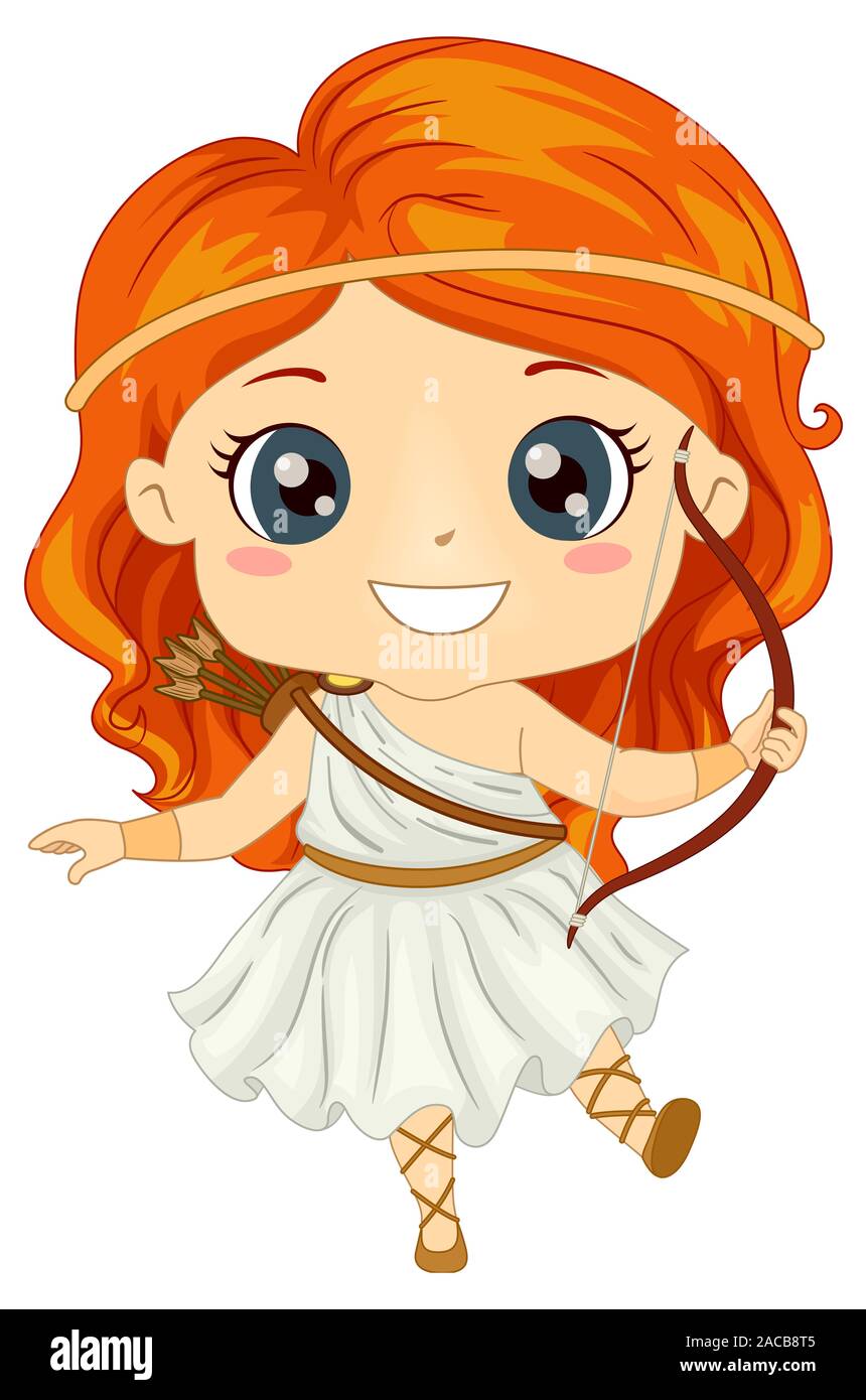 Illustration of a Kid Girl Wearing Artemis Costume with Arrow and Bow Stock  Photo - Alamy