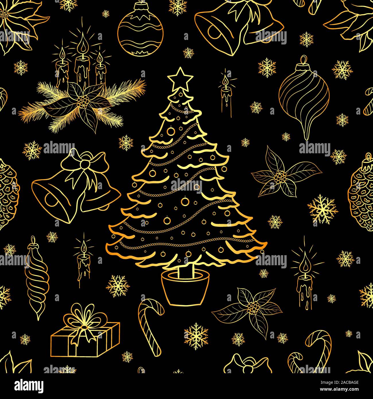 Seamless pattern with golden christmas decorative elements on black background. Vector illustration Stock Vector