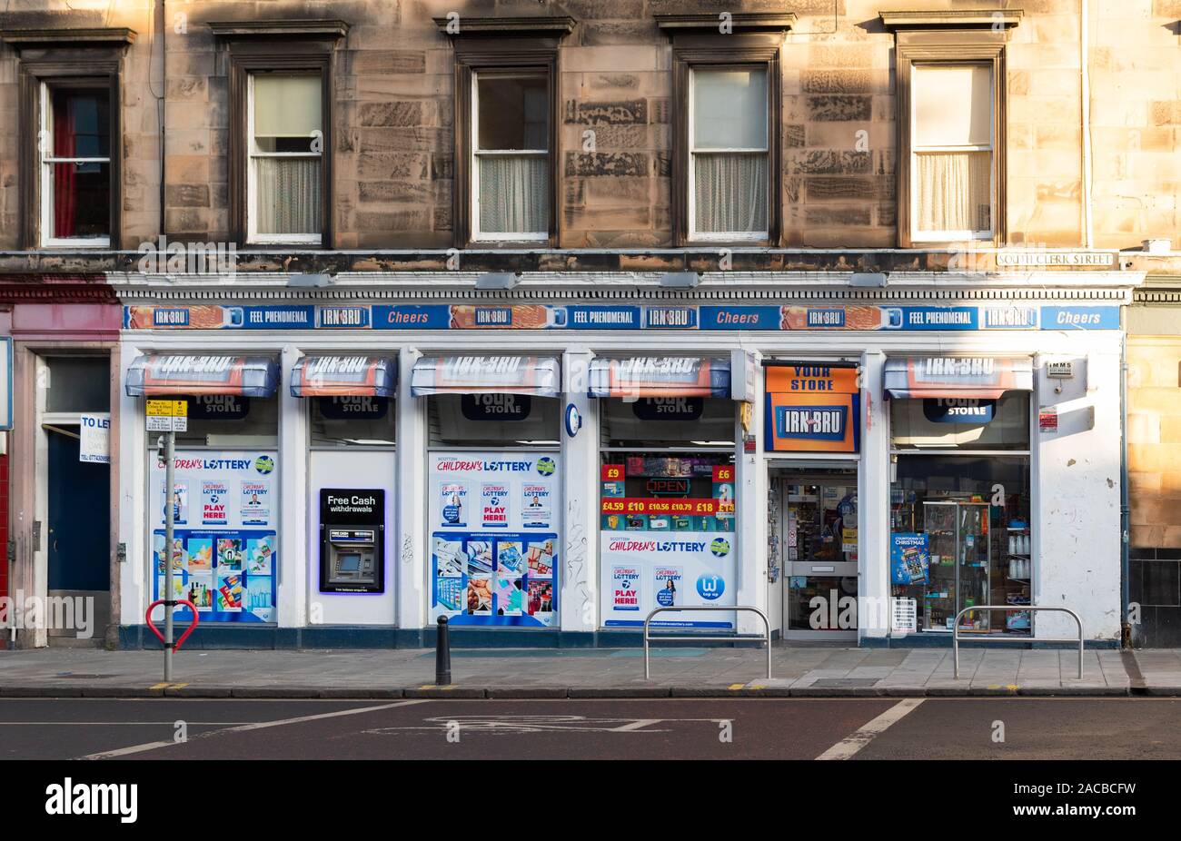 Irn Bru advertising on convenience store 'Your Store', Newington, Edinburgh, Scotland, UK Stock Photo