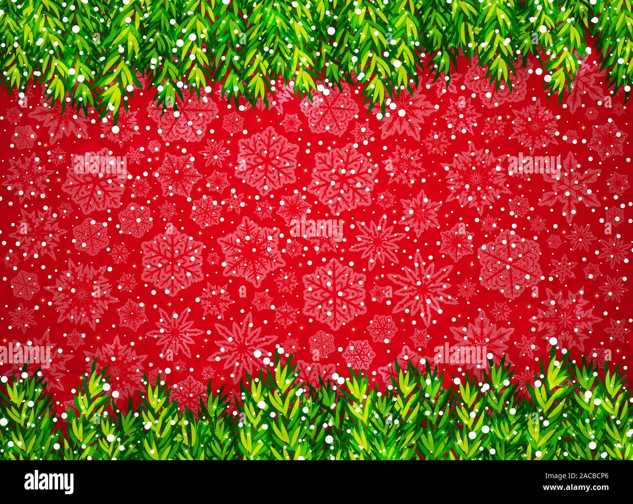 Winter background with Christmas tree branches, snow and snowflakes on red Stock Vector