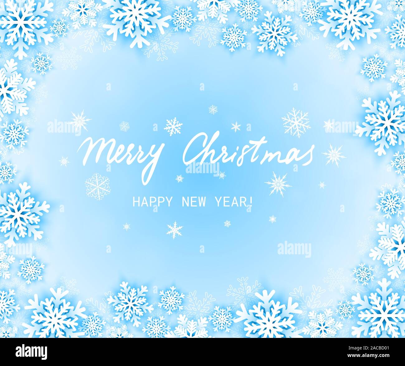 Merry Christmas and Happy New Year greeting card with paper snowflakes on blue background. Vector illustration Stock Vector