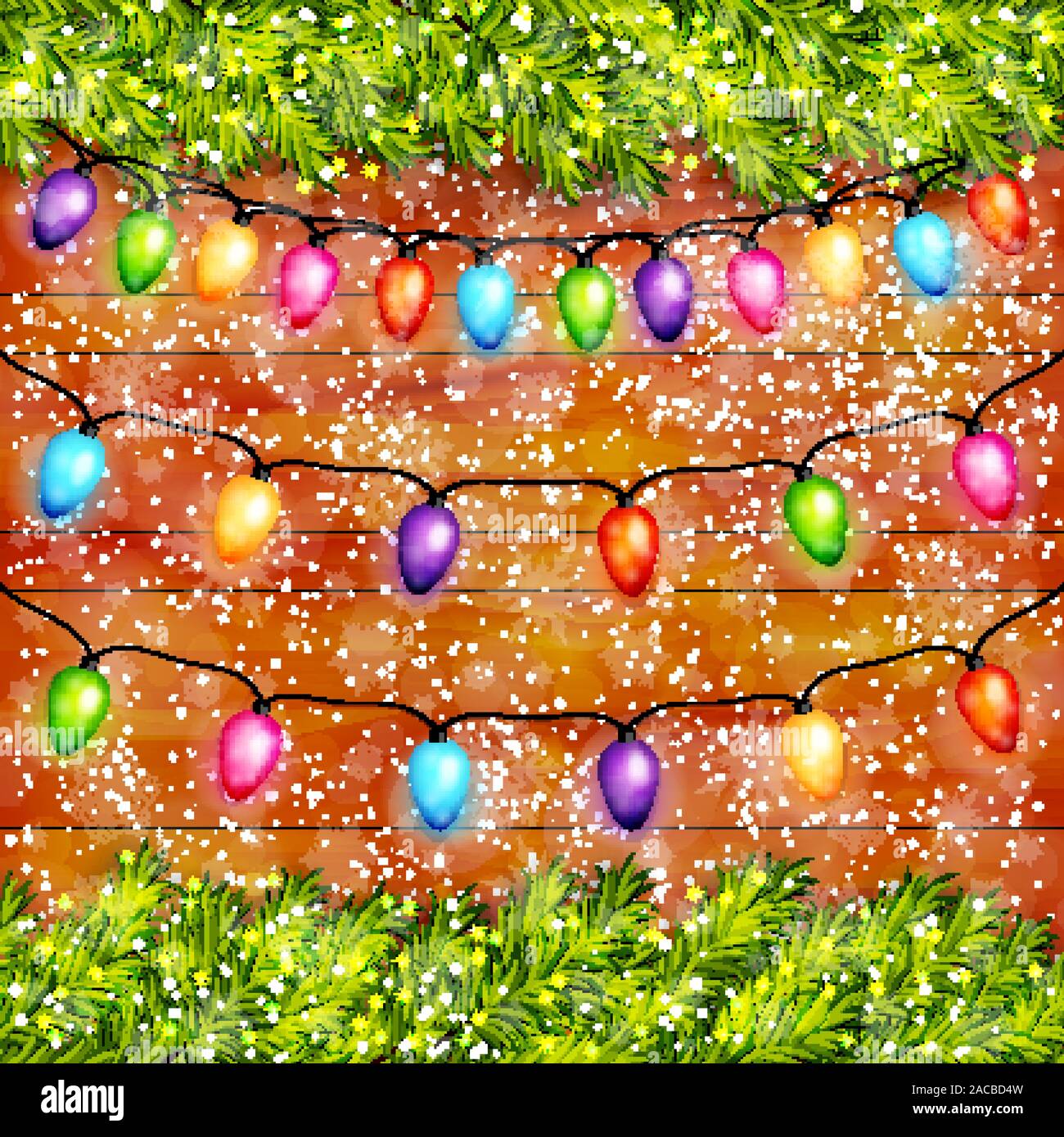 Christmas light bulbs garlands on wooden background vector Stock Vector