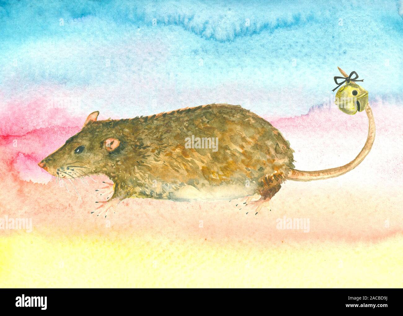Oriental new year symbol - Rat with bell on its tail and gardient watercolor background Stock Photo