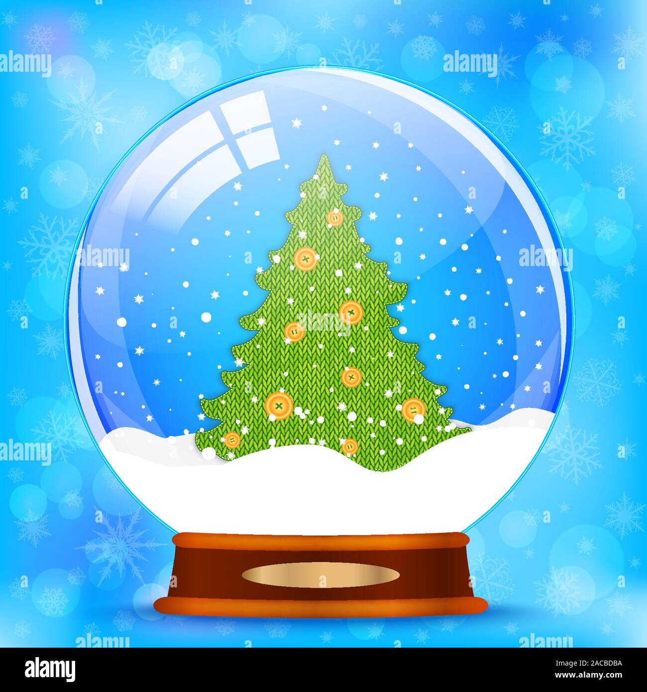 Snow globe with christmas tree on blue bokeh background. Vector ...
