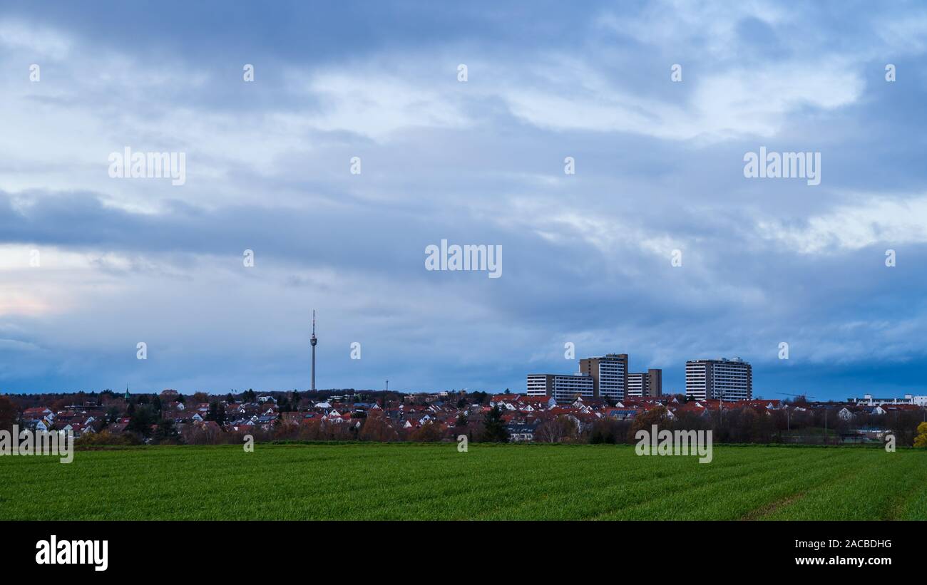 Germany, Skyline of stuttgart city with skyscrapers and famous landmark ...