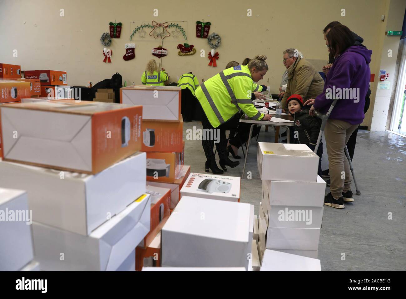 People collect heaters from Camelon community centre in Falkirk after homes in the area had a gas mains failure. Stock Photo