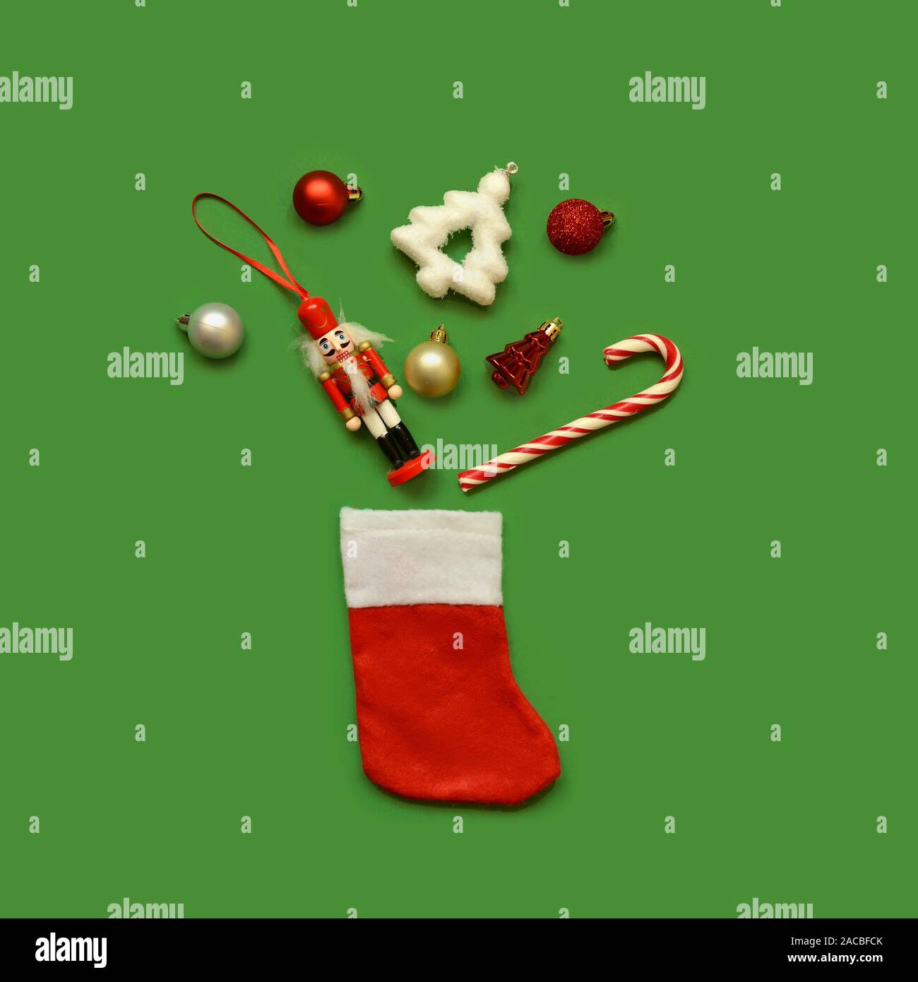 Trendy creative Santa Claus socks with various Christmas objects Stock Photo
