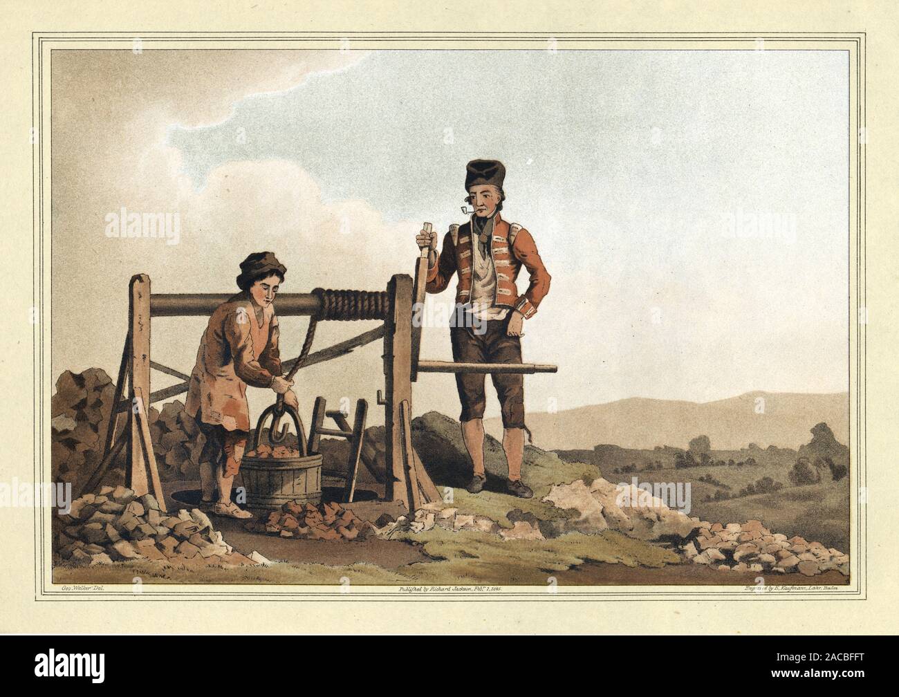 Man in a old soldiers uniform and a boy mining for ruddle, a Red ocherous iron ore, used in dyeing and marking. Near Micklebring, Doncaster, Yorkshire Stock Photo