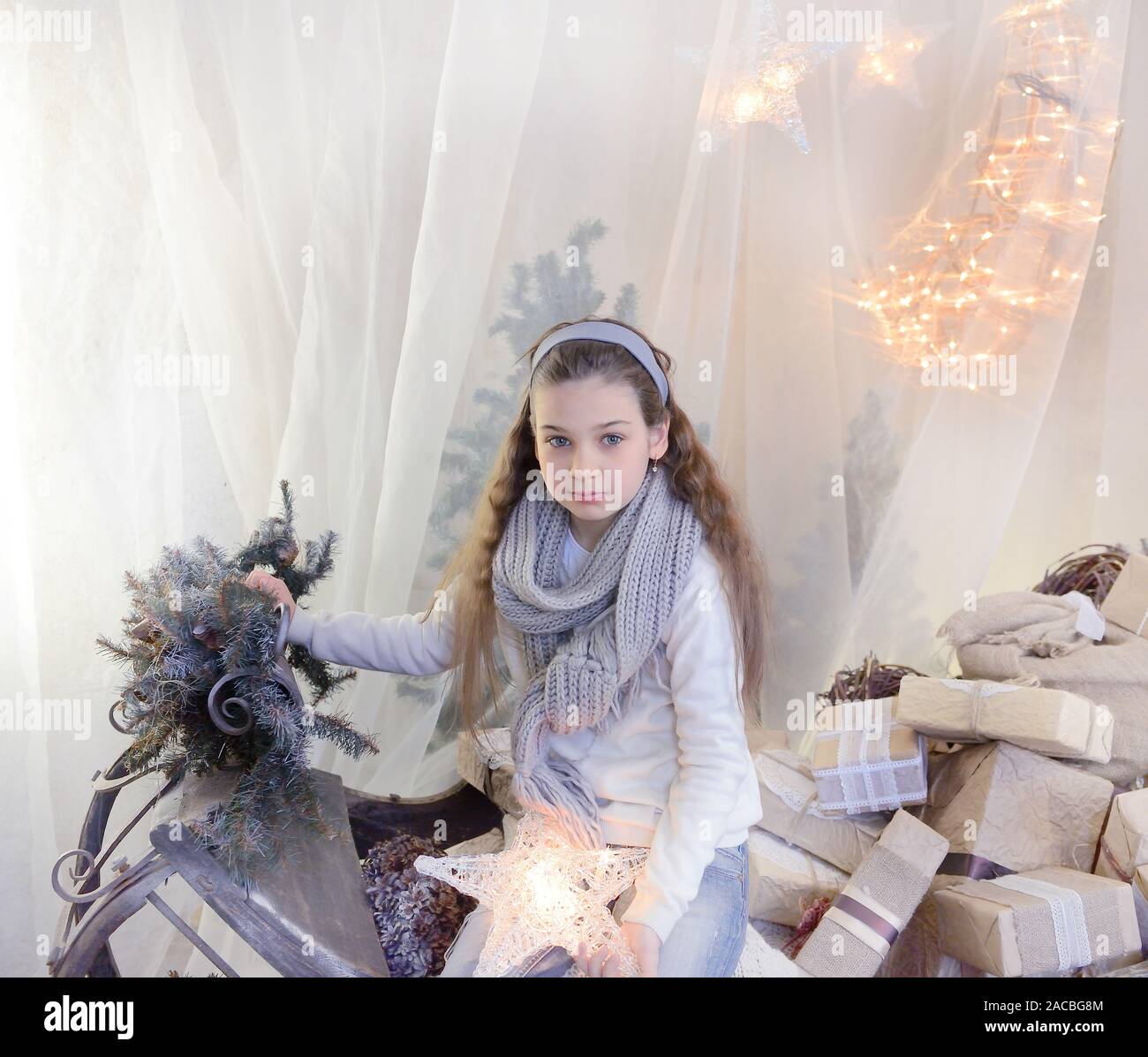 Girl child in beautiful CGirl child in beautiful Christmas decoratedhristmas decorated Stock Photo