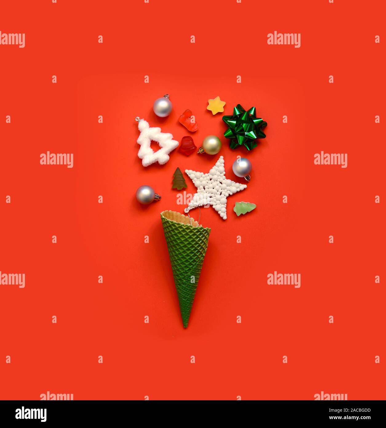 Ice Cream Cone with Christmas Decoration. Minimal Christmas Concept. Flat Lay Stock Photo