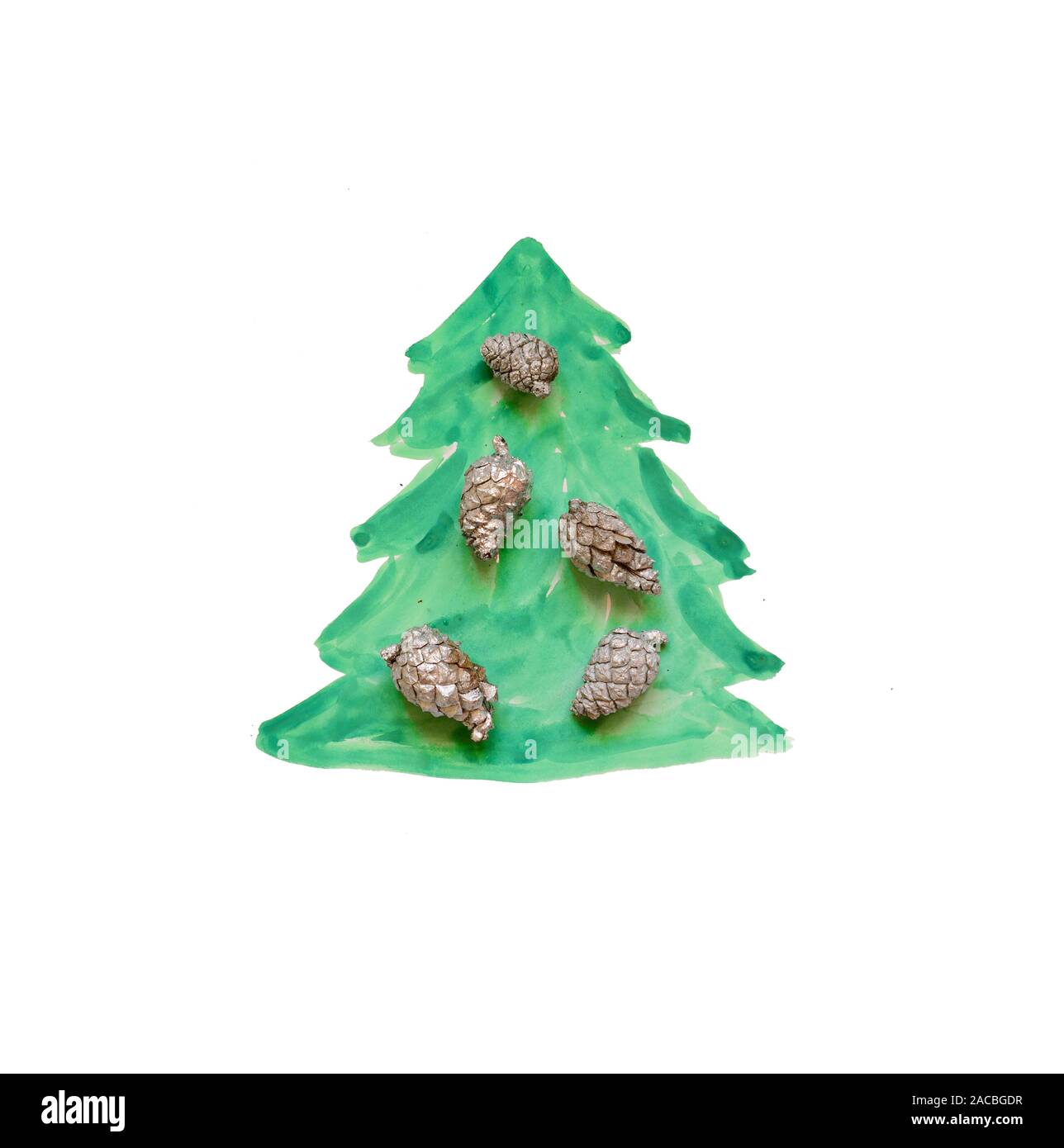 Painted Christmas tree with silver fir cones on white background Stock Photo