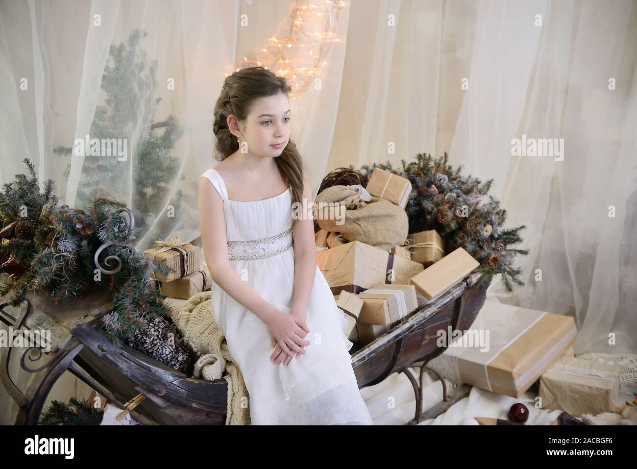 Girl child in beautiful Christmas decorated Stock Photo