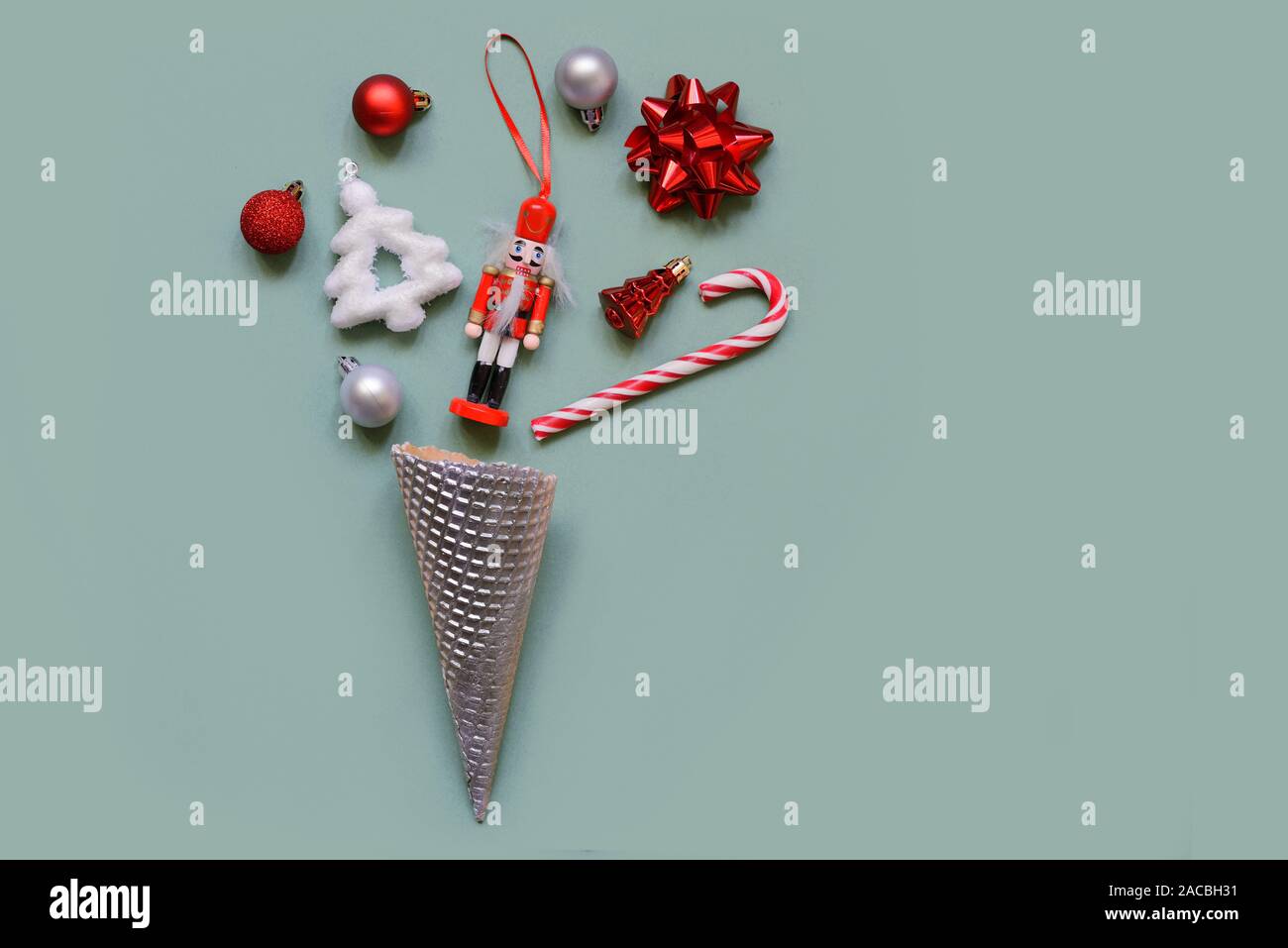Cristmas minimal concept on pastel grey background. Christmas New Year flat lay. Stock Photo