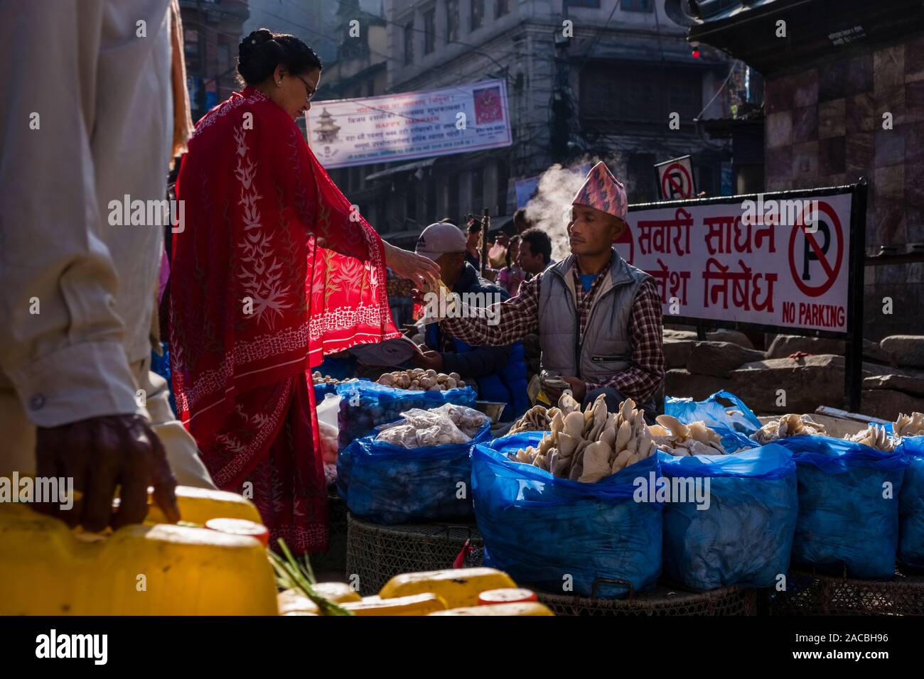 Street vendor selling mushrooms at the local market Stock Photo