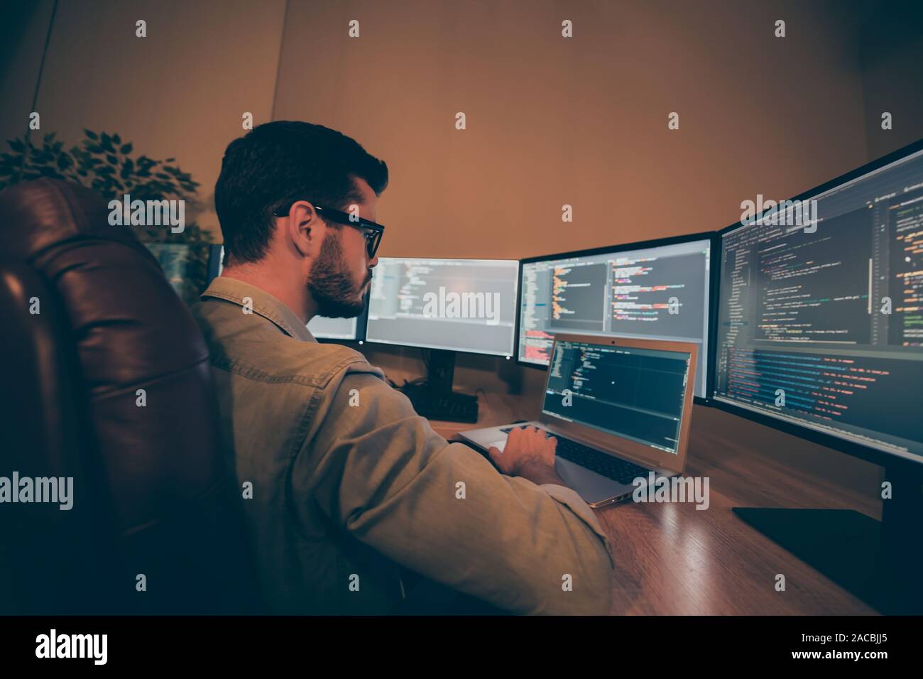Profile side view of his he nice senior qualified skilled focused smart