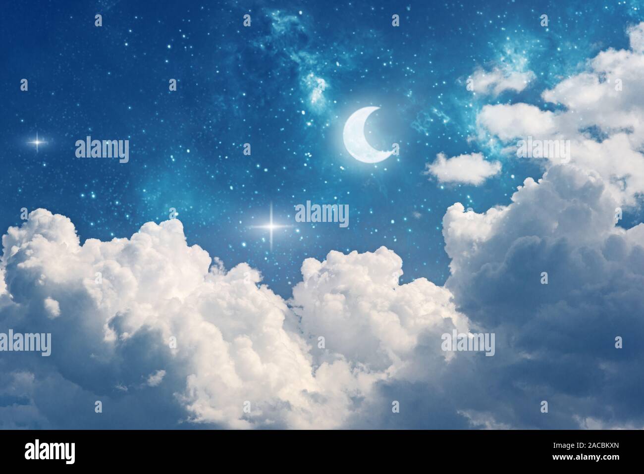 fantasy night sky background with stars, moon and clouds Stock Photo
