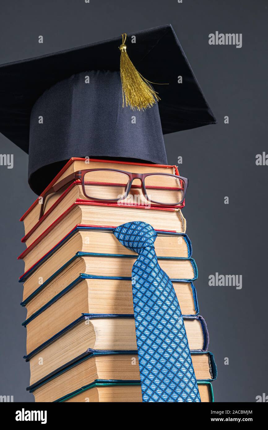 Funny education idea, a stack of books as an unusual teacher with glasses Stock Photo