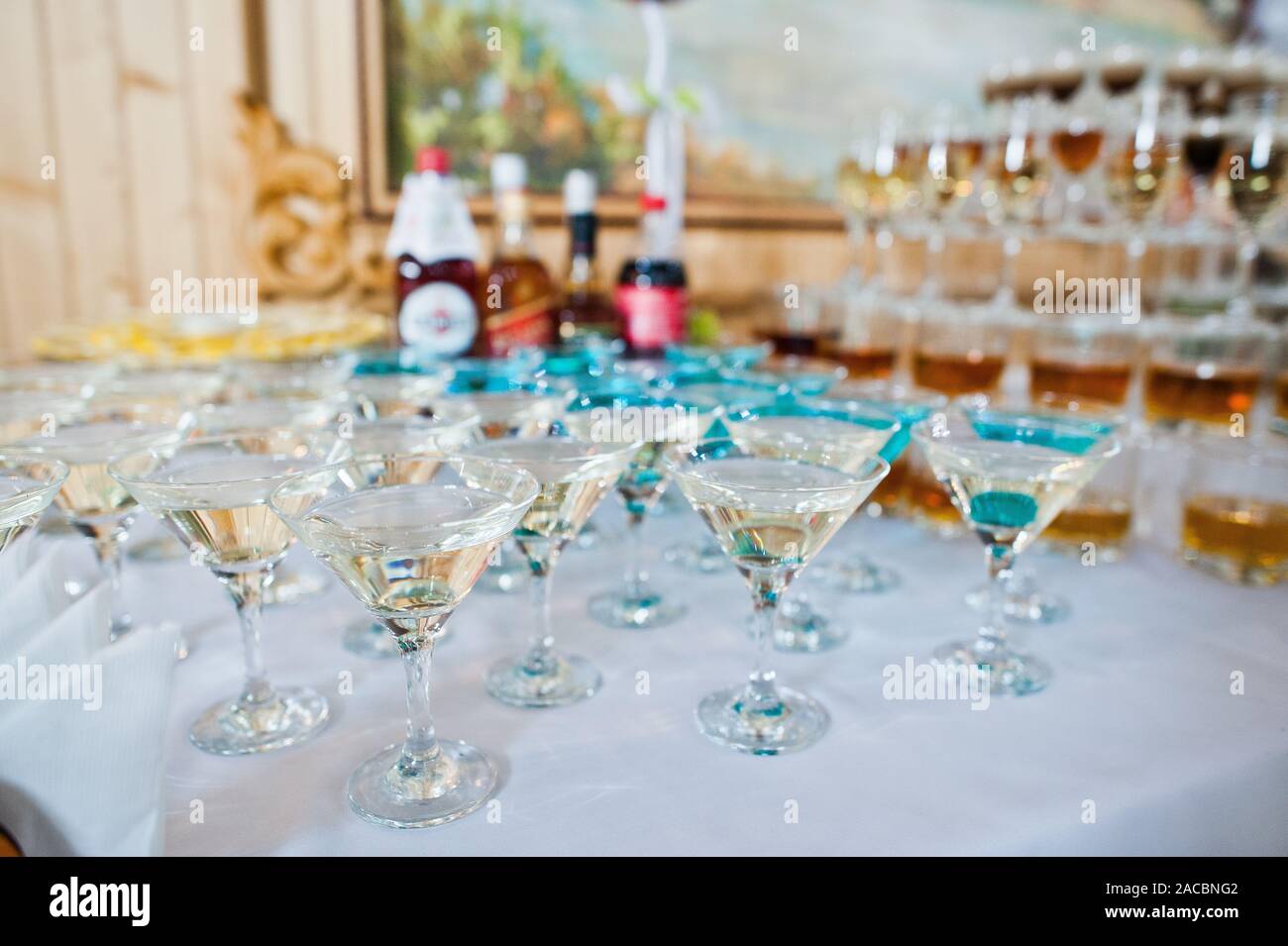 Dessert table of cocktails beverages on wedding reception Stock Photo