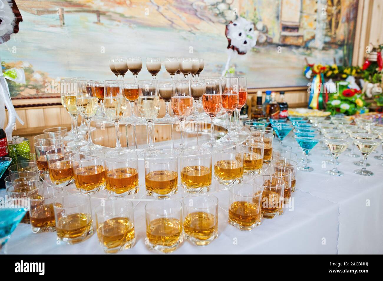 Dessert Table Of Cocktails Beverages On Wedding Reception Stock