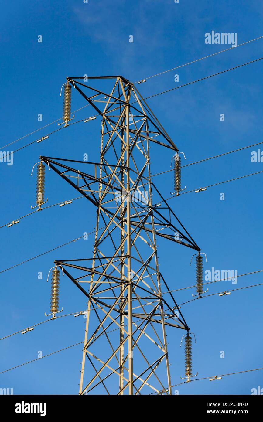 Overhead electricity power lines on a pylon, England, UK Stock Photo