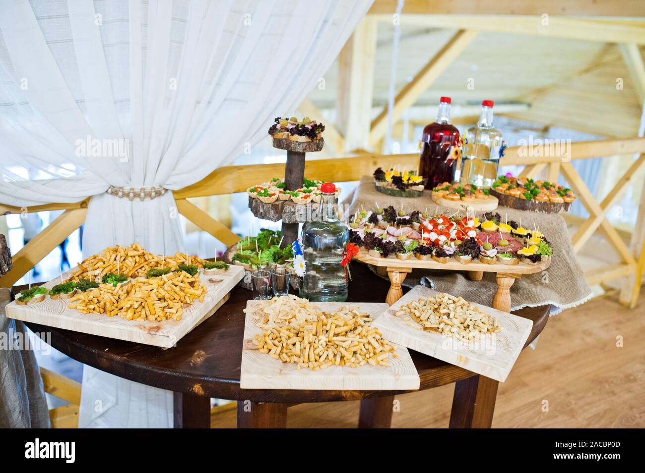 Dessert Table Of Delicious Snacks On Wedding Reception Stock Photo
