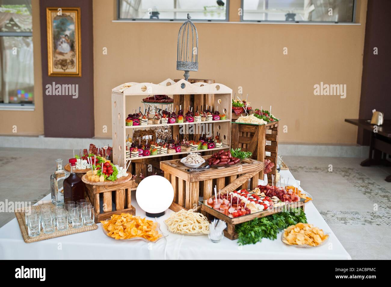 Dessert Table Of Delicious Snacks On Wedding Reception Stock Photo
