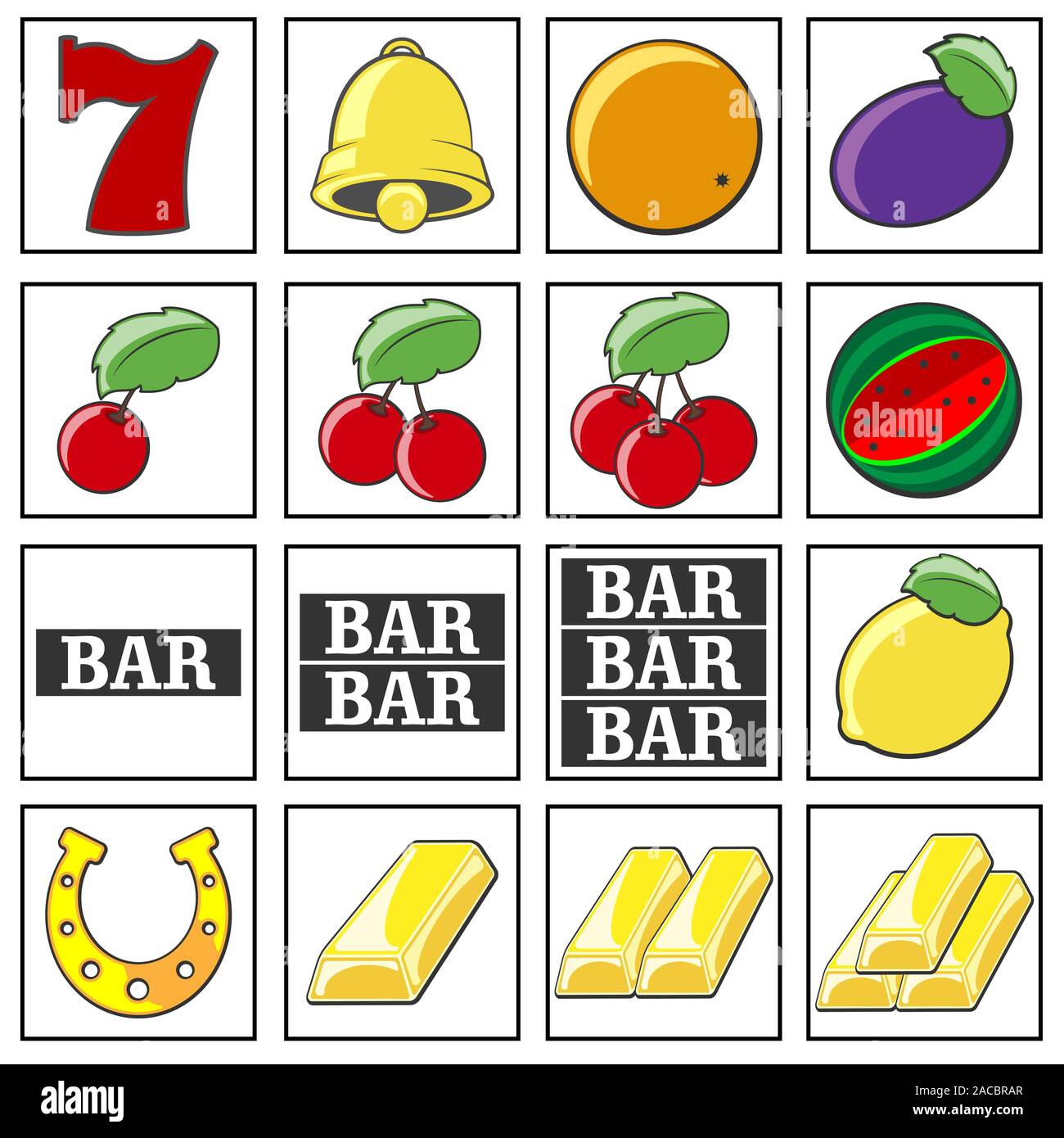 Vector slot machine symbols set. Lucky number seven, Golden bell, orange, plum, one two and three cherries. Watermelon. The inscription BAR. Lemon, horseshoe. One two and three bars of gold. Isolated on white background. Stock Vector