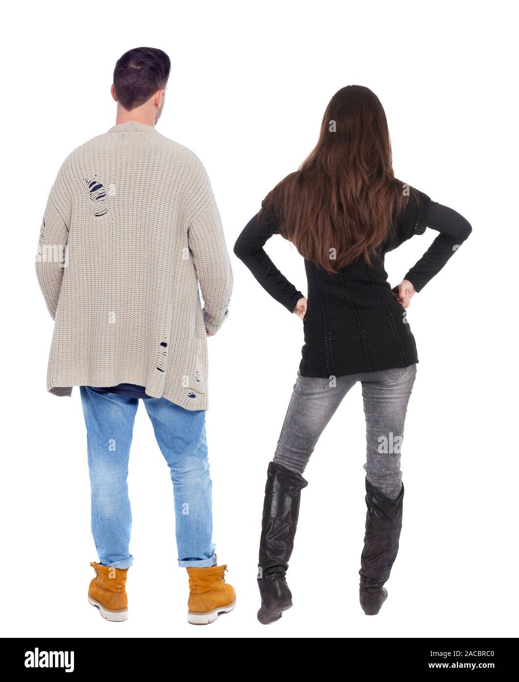 Back view of couple. beautiful friendly girl and guy together. Rear ...