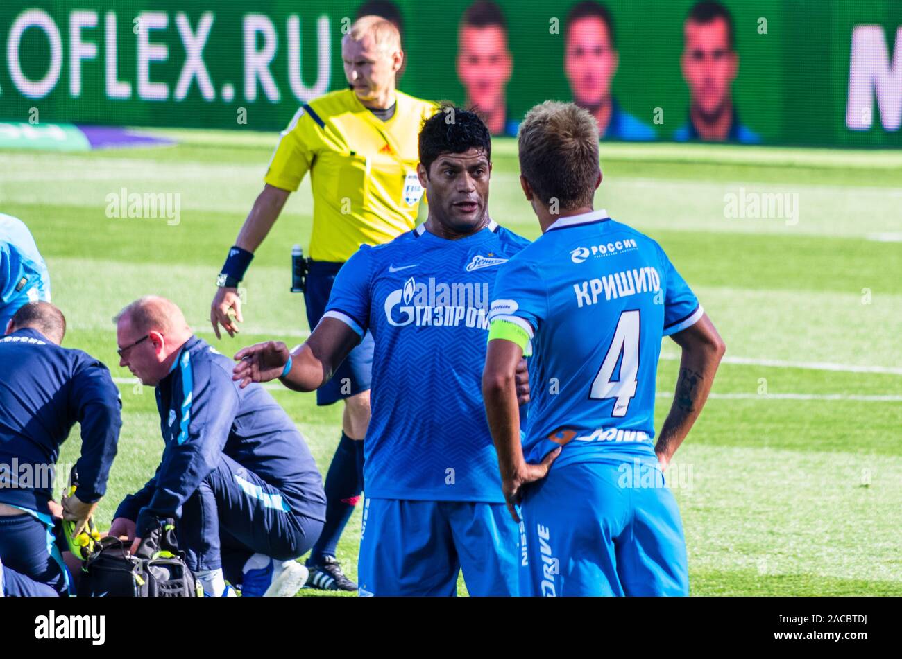 SAINT-PETERSBURG, RUSSIA - AUGUST 1: Players of Football Club Zenit Hulk and Domeniko Criscito at the match of Championship of Russia on August 1, 201 Stock Photo