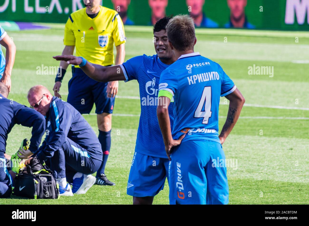 SAINT-PETERSBURG, RUSSIA - AUGUST 1: Players of Football Club Zenit Hulk and Domeniko Criscito at the match of Championship of Russia on August 1, 201 Stock Photo