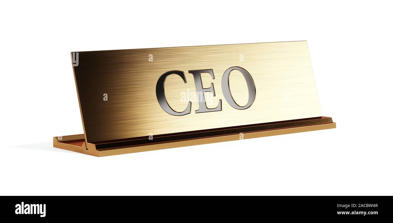 Golden nameplate with CEO text on the white background isolated, with soft focus depth of field. 3d rendering illustration Stock Photo