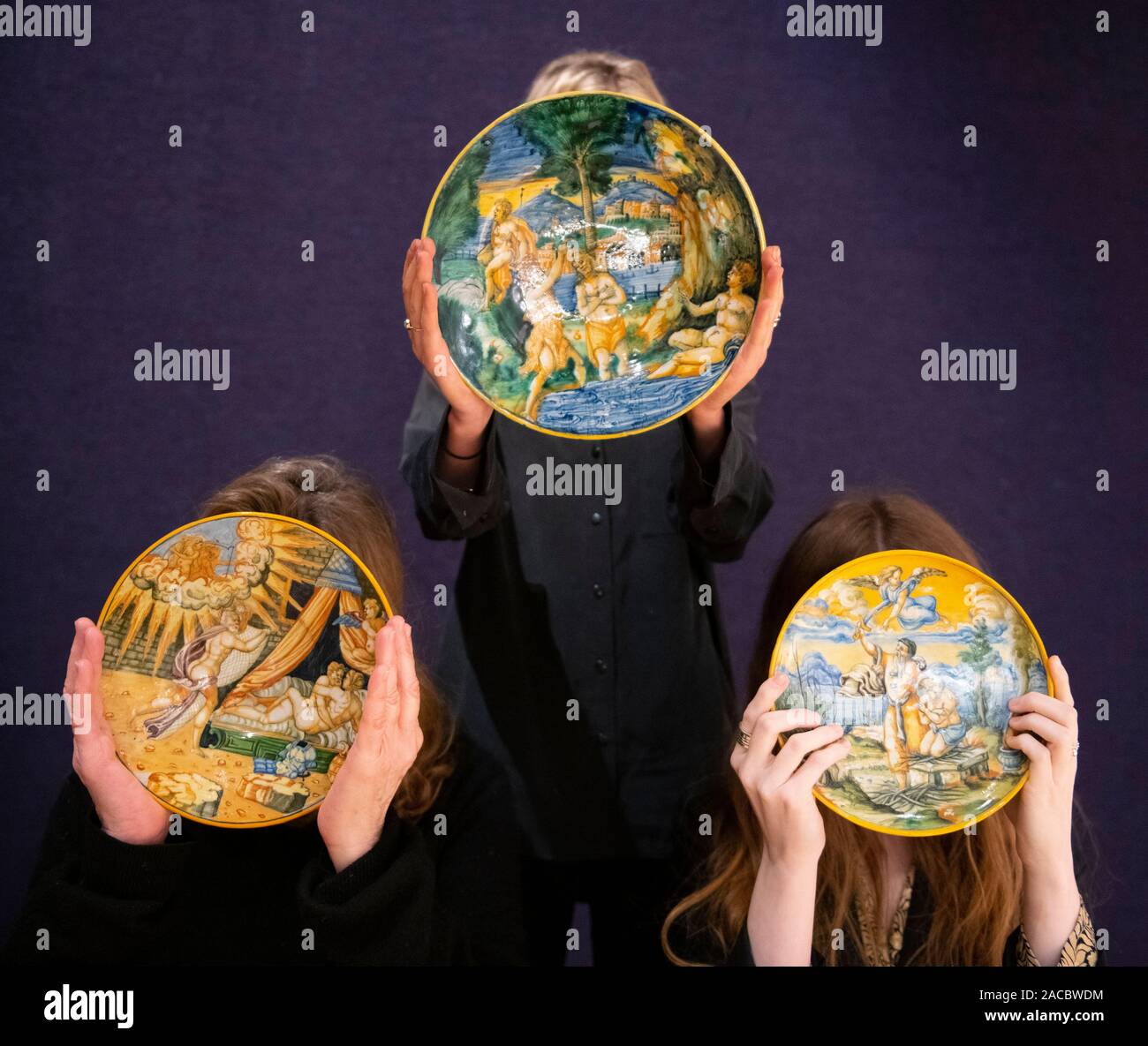 Bonhams, London, UK. 2nd December 2019. Fine European Ceramics offered for sale on 4 December. Image: (Left to right): A maiolica istoriato plate, Urbino or Venice, mid 16th century £3,000-5,000; A Duchy of Urbino maiolica istoriato footed dish, circa 1550, £ 2,000-3,000; An Urbino maiolica istoriatio dish, attributed to the Patanazzi workshop, circa 1560, £3,500-4,500. Credit: Malcolm Park/Alamy Live News. Stock Photo