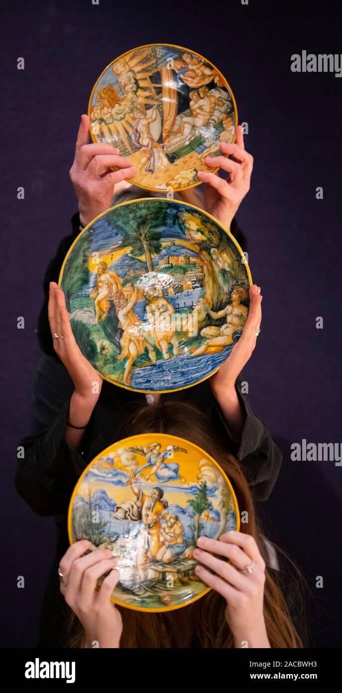 Bonhams, London, UK. 2nd December 2019. Fine European Ceramics offered for sale on 4 December. Image: (Top to bottom): A maiolica istoriato plate, Urbino or Venice, mid 16th century £3,000-5,000; A Duchy of Urbino maiolica istoriato footed dish, circa 1550, £ 2,000-3,000; An Urbino maiolica istoriatio dish, attributed to the Patanazzi workshop, circa 1560, £3,500-4,500. Credit: Malcolm Park/Alamy Live News. Stock Photo