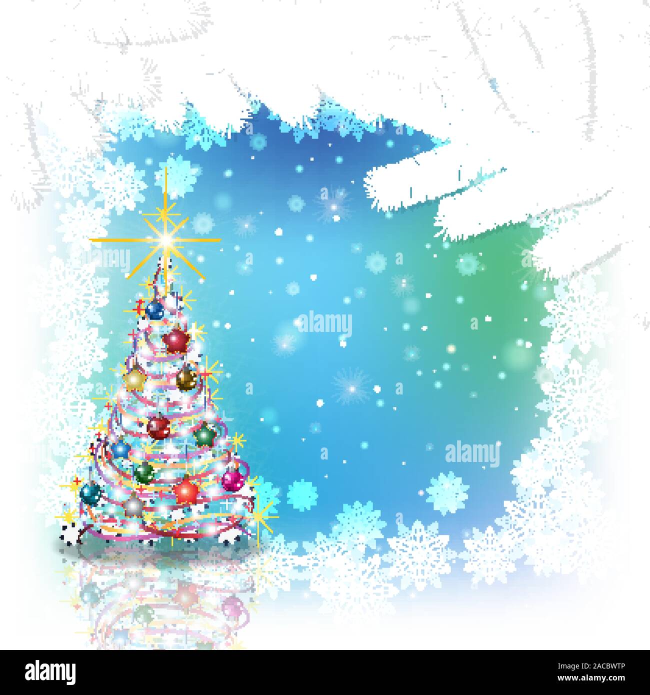 Abstract blue white background with Christmas tree and decorations ...
