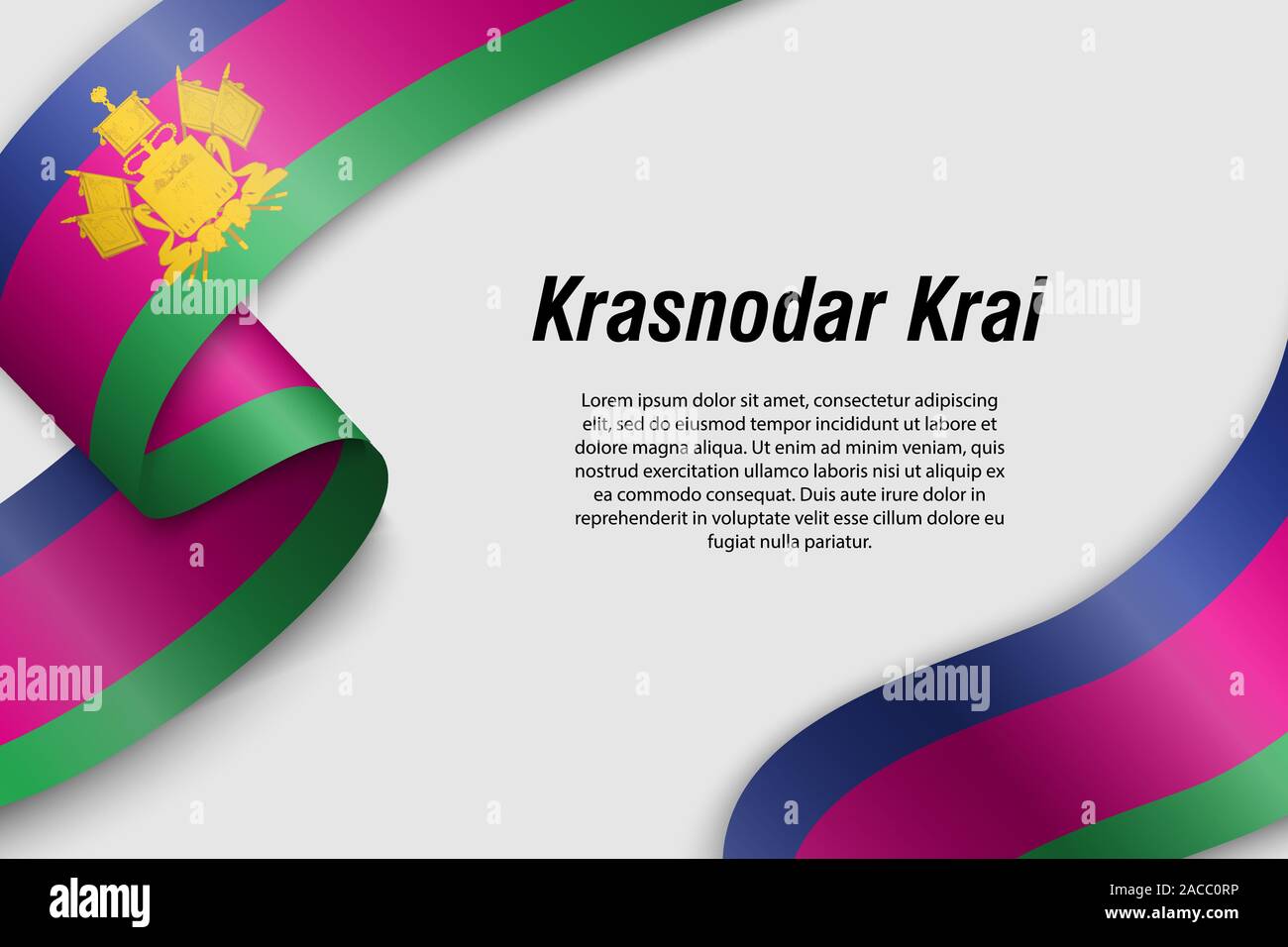 Waving ribbon or banner with flag of Krasnodar Krai. Region of Russia. Template for poster design Stock Vector