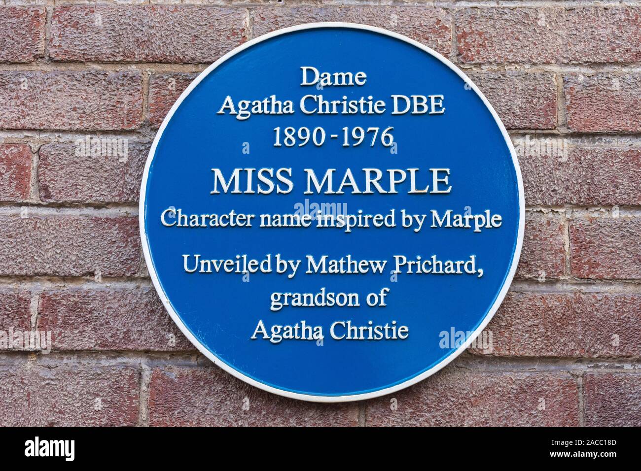 Blue plaque at the railway station commemorating Agatha Christie's character Miss Marple inspired by the name of the town.  Marple, Gtr Manchester, UK Stock Photo