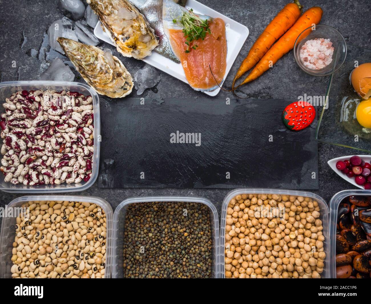 Assortment of healthy food containing iodine. Natural products rich in I, vitamins, micronutrients. Useful food for health and balanced diet Stock Photo