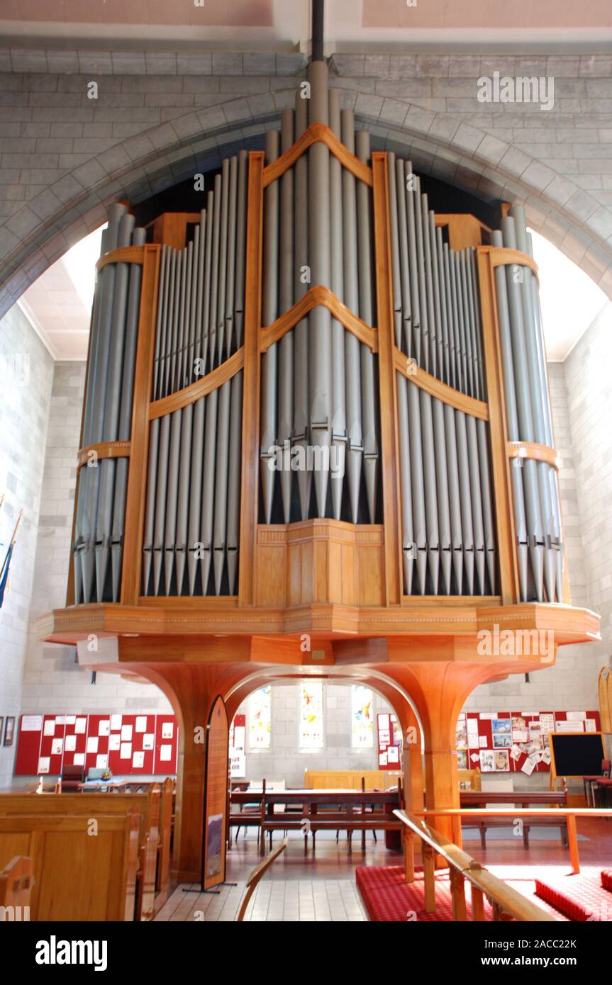 Church organ pipes, Nelson Cathedral, New Zealand Stock Photo