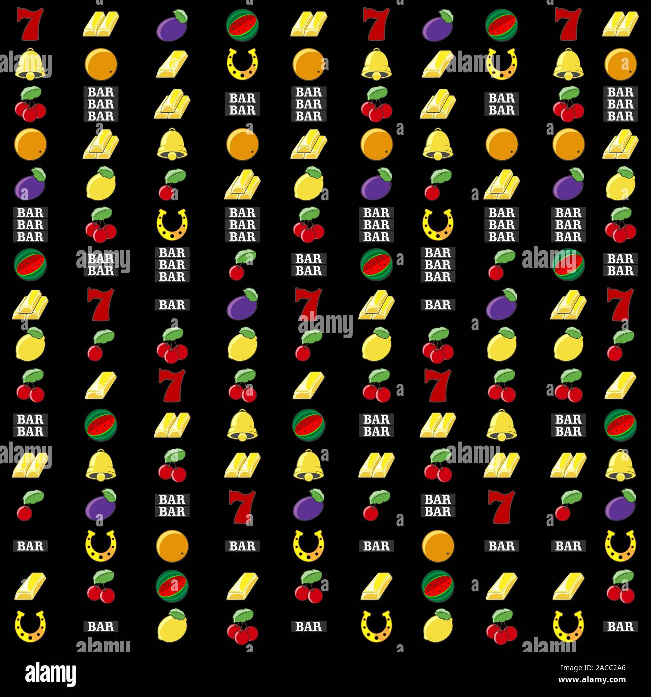 Vector slot machine symbols set background. Lucky number seven, Golden bell, orange, plum, one two and three cherries. Watermelon. The inscription BAR. Lemon, horseshoe. One two and three bars of gold. Isolated on black background. Stock Vector